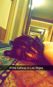 Disheveled in the hallway at Harrah's (but still able to snapchat story the memorable moment) 